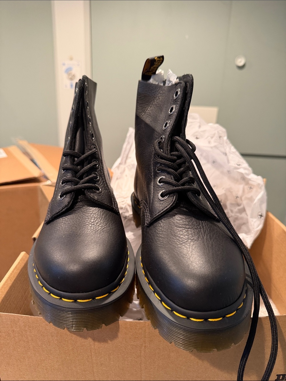 Dr. Martens Women's Black Leather Lace-Up Boots with Yellow Stitching
